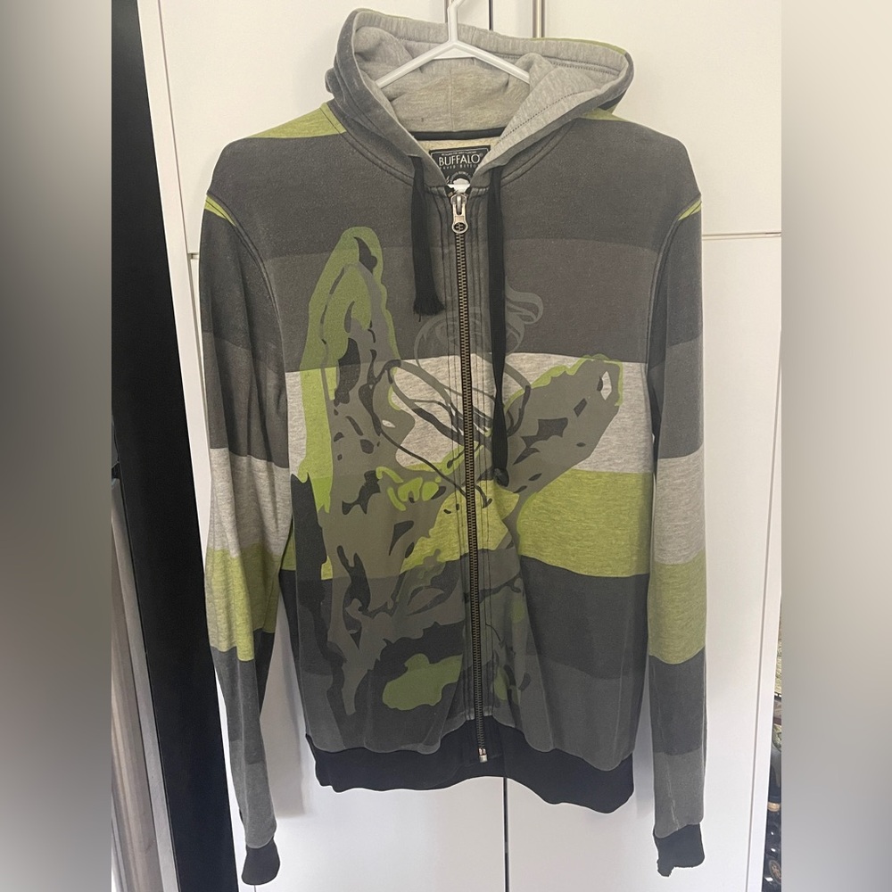 Buffalo David Bitton Men’s Zip-Up Hoodie Size Small S Grey Gray Green